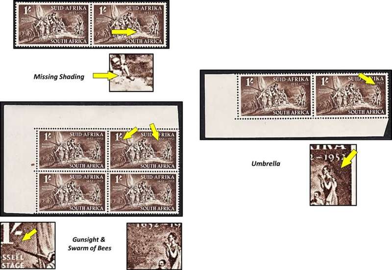 1952 Union 1/- MM/UMM - 3 x UHB Var - Missing Shading/Bees/Umbrella