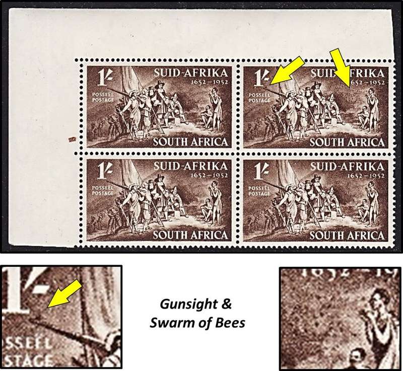 1952 Union 1/- MM/UMM - 3 x UHB Var - Missing Shading/Bees/Umbrella