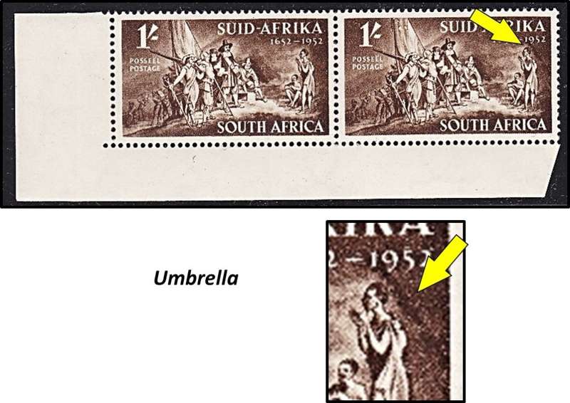 1952 Union 1/- MM/UMM - 3 x UHB Var - Missing Shading/Bees/Umbrella