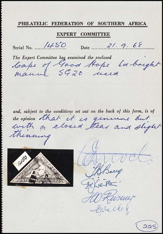 1864 CoGH 6d Triangle CC.16 with 3 Margins, Genuine + Faults as on Certificate *** CV  R22,000 ***