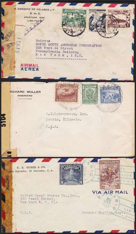 10 x WWII Southern America Covers - Opened by Censor - Great Study Lot!