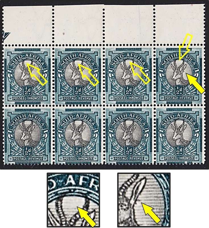 1936 Union ½d UMM(**) CC.55d Block - Tagged Ear + Very Light Shading between Horns