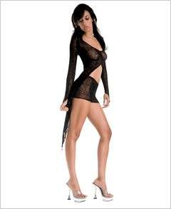 Lingerie Spiderweb Long Sleeved Gown (Black) (One Size)