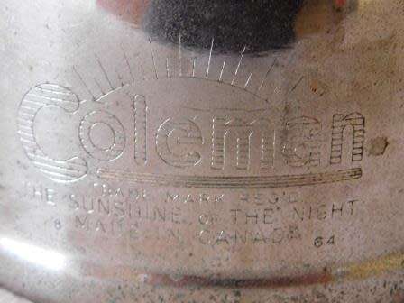 COLEMAN 249 - 299 LAMP MARKED 64 AT BOTTOM