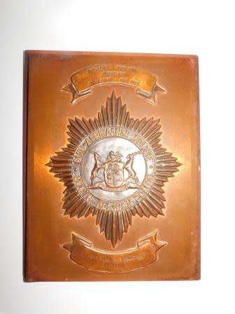 SA POLICE HURRICANE ZULU COMP COY 1973 FORT HENK KENDEYA COPPER AND WOOD PLAQUE