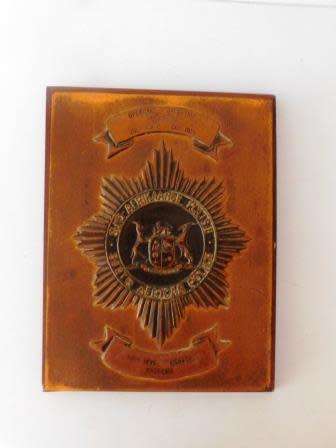 SA POLICE HURRICANE ZULU COMP COY 1973 FORT HENK KENDEYA COPPER AND WOOD PLAQUE