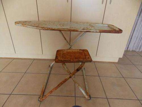VINTAGE METAL IRONING BOARD WITH ATTACHED SEAT