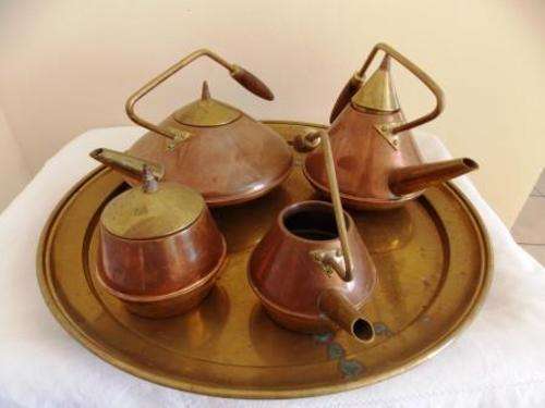 TALISMAN COPPER AND BRASS TEA, COFFEE, SUGAR AND MILK SET WITH TRAY