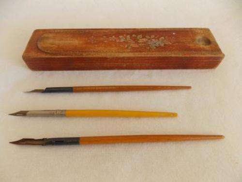 OLD WOODEN PENCIL BOX WITH 3 FOUNTAIN PENS