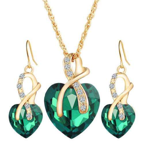 Crystal Heart Necklace Earrings Jewellery Set Green