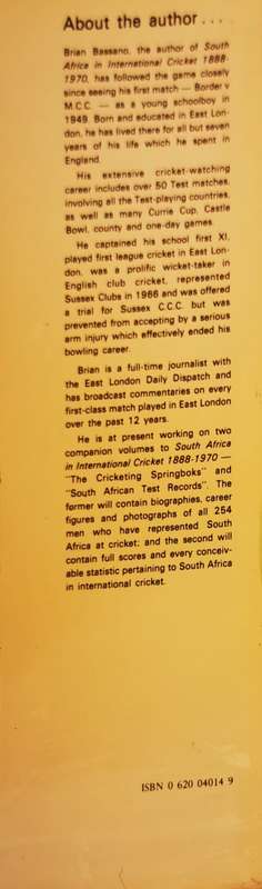 South Africa in International Cricket 1888-1970 by Brian Bassano
