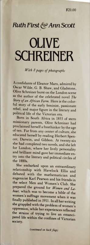 OLIVE SCHREINER - A BIOGRAPHY -- Ruth First & Ann Scott