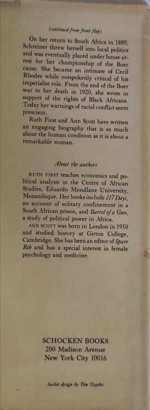 OLIVE SCHREINER - A BIOGRAPHY -- Ruth First & Ann Scott