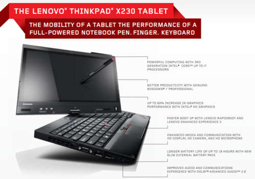 LENOVO X230 TABLET CORE i7-3520M 2.9GHZ, 8GB MEMORY, 256GB SSD, 3G, WINDOWS 7 PROFESSIONAL