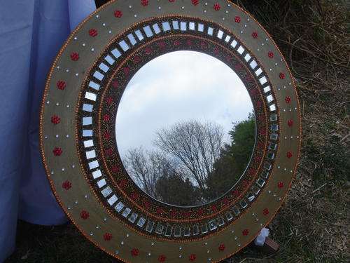 Gold, Red & Silver Beaded Mirror - 55cm diameter