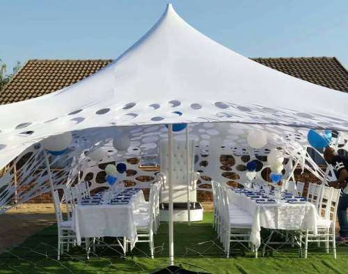 4 Way Stretch Polyester Decor Tent - Non Waterproof - 7mx12m - Design, Poles + Binding Optional