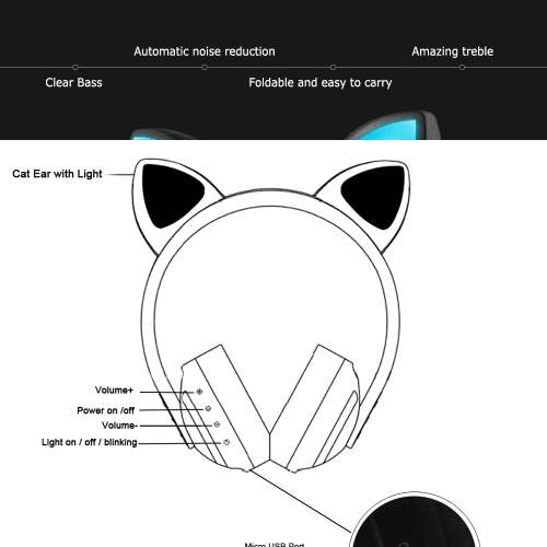 Wireless Bluetooth Cat Ear Headphones with 7 Colors LED Light Stereo Headset