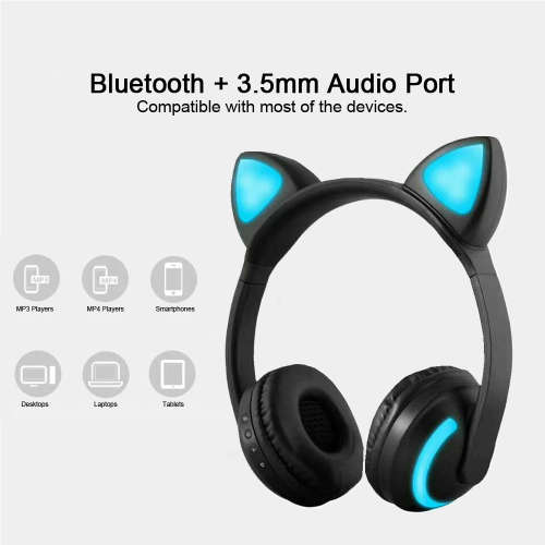 Wireless Bluetooth Cat Ear Headphones with 7 Colors LED Light Stereo Headset