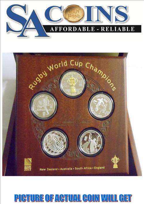 2011 WORLD CUP RUGBY SET -- 5 MEDALLIONS INCLUDES  GOLD PLATED AND SILVER-- SAMINT R4800