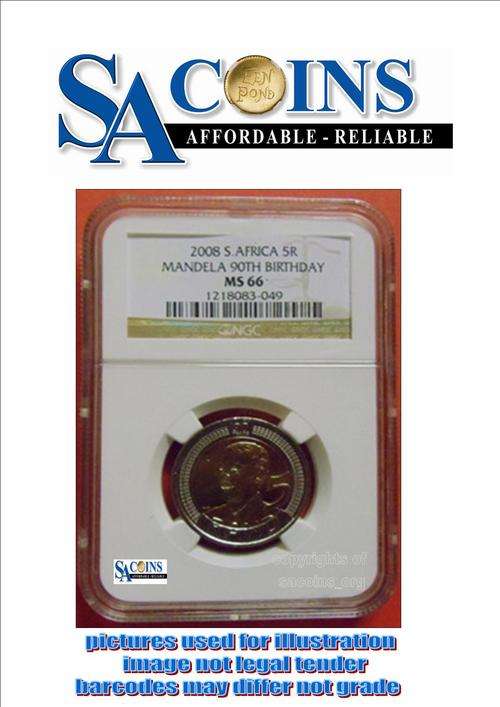 **NEW PRICE* MS66* GRADED 2008 MANDELA 90TH BIRTHDAY R5 COIN MS66- HIGH GRADE- CERTIFICATE INCLUDED!