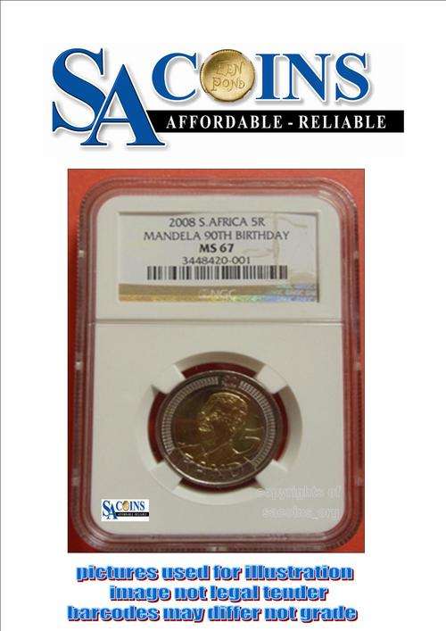 *5 AVAILABLE*-GRADED 2008 MANDELA 90TH BIRTHDAY R5 COIN MS67-HIGHLY COLLECTABLE-CERTIFICATE INCLUDED