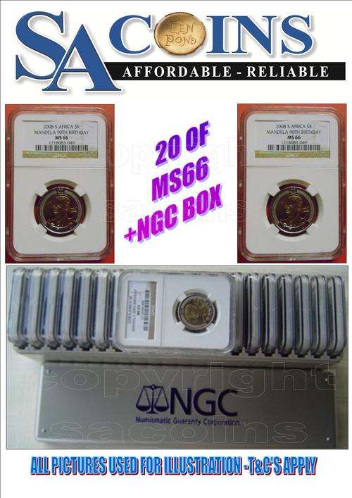 "20 OF MS66"+NGC BOX 2008 MANDELA 90TH BIRTHDAY R5 COINS MS66-NGC GRADED ALL 20 1 PRICE FREE NGC BOX