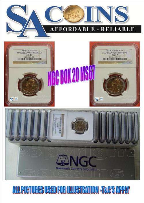 "20 OF MS67"+NGC BOX 2008 MANDELA 90TH BIRTHDAY R5 COINS MS67-NGC GRADED ALL 20 1 PRICE FREE NGC BOX