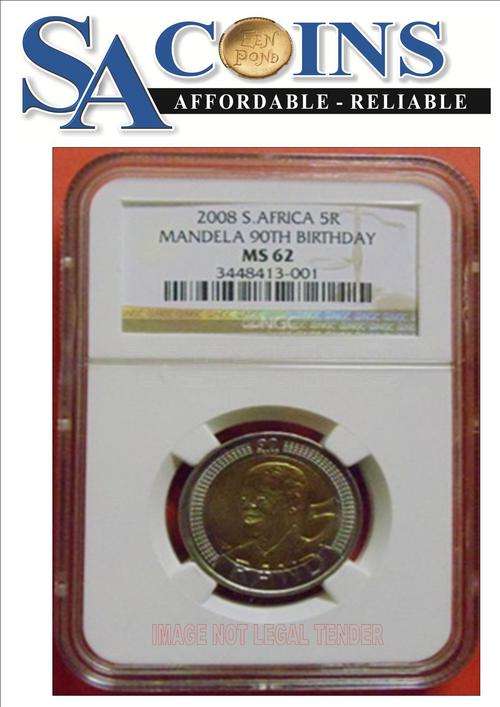 *2 available* MS62 *--2008 MANDELA 90TH BIRTHDAY R5 COIN MS62 - HIGH GRADE- CERTIFICATE INCLUDED!