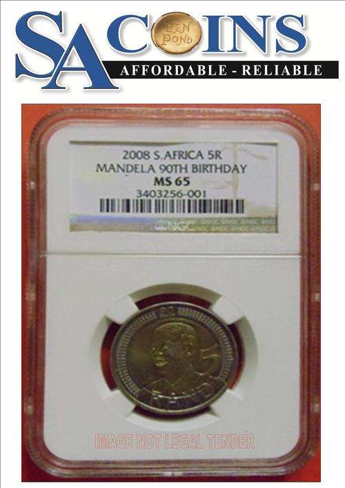 **NEW PRICE* MS65* --2008 MANDELA 90TH BIRTHDAY R5 COIN MS65 - HIGH GRADE- CERTIFICATE INCLUDED!