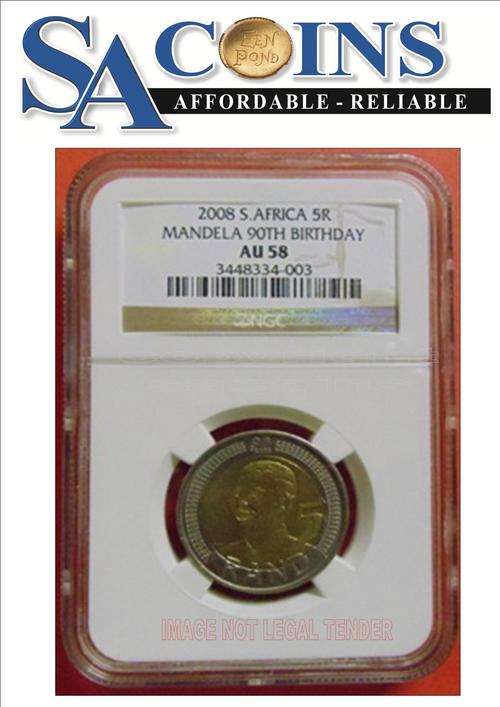**12 available* AU58 *-2008 MANDELA 90TH BIRTHDAY R5 COIN AU58 - NGC GRADE- CERTIFICATE INCLUDED!