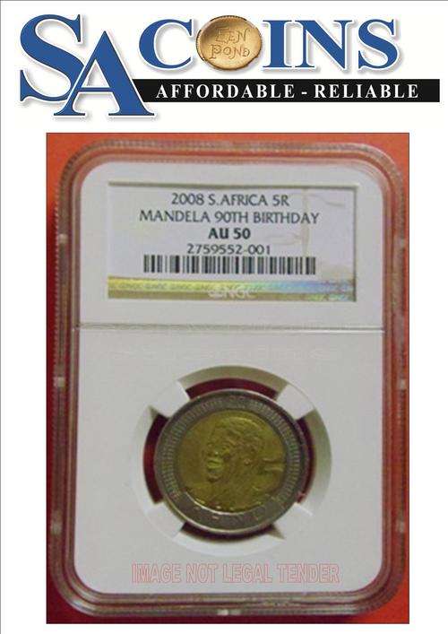 **RARE AU50**--2008 MANDELA 90TH BIRTHDAY R5 COIN AU50-(NOT MANY AROUND)-NGC GRADED