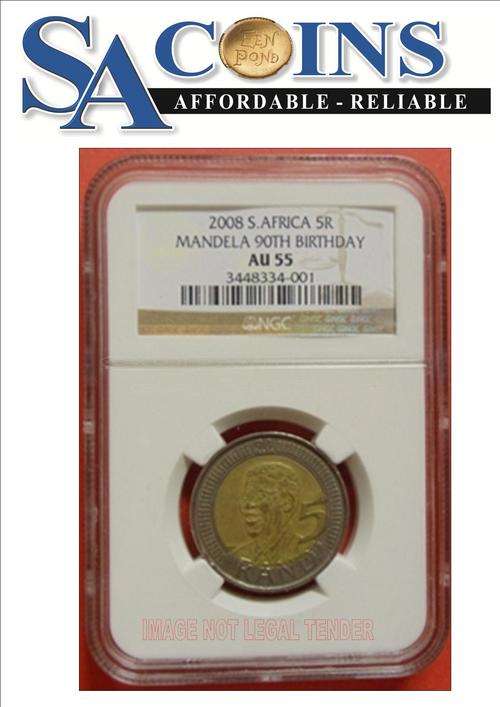 *NEW PRICE* AU55**--2008 MANDELA 90TH BIRTHDAY R5 COIN AU55-(NOT MANY AROUND)-NGC GRADED