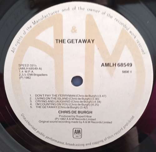 Chris De Burgh - The Getaway LP vinyl Record. 1982.