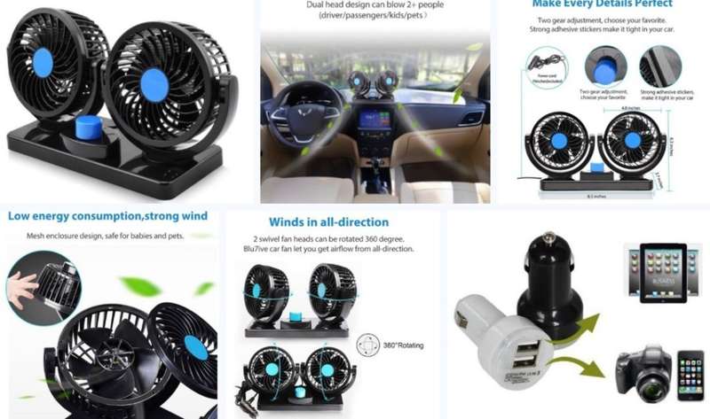 *Electric Car Fan* Dual Head 2 Speed 12V Air Circulator plus *2 Port USB Adapter*