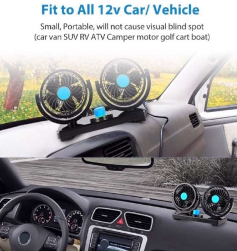 *Electric Car Fan* Dual Head 2 Speed 12V Air Circulator plus *2 Port USB Adapter*