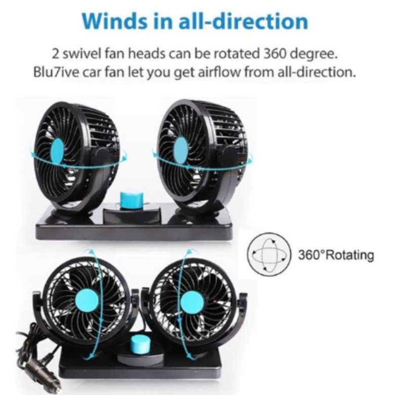 *Electric Car Fan* Dual Head 2 Speed 12V Air Circulator plus *2 Port USB Adapter*