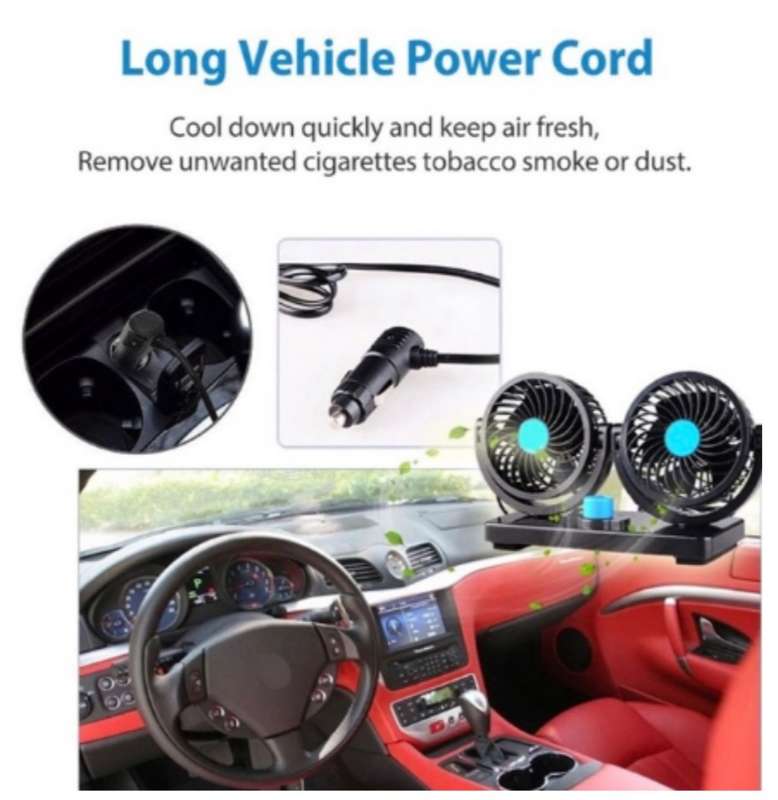 *Electric Car Fan* Dual Head 2 Speed 12V Air Circulator plus *2 Port USB Adapter*