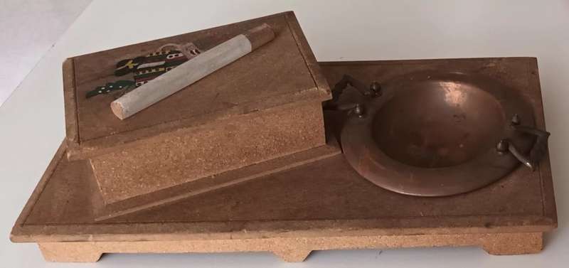 Wooden Cigarette Box with Copper Ashtray.