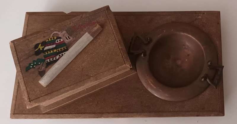 Wooden Cigarette Box with Copper Ashtray.