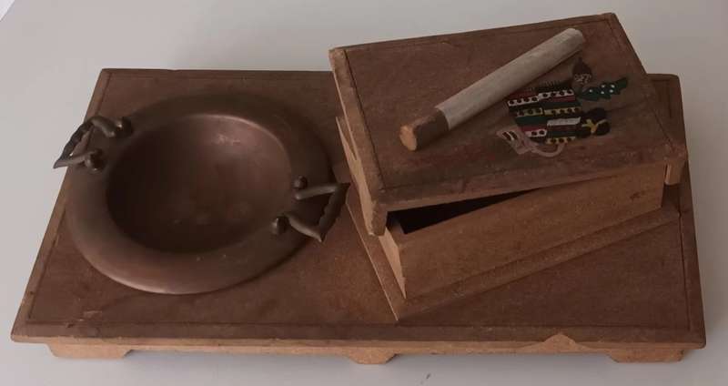 Wooden Cigarette Box with Copper Ashtray.