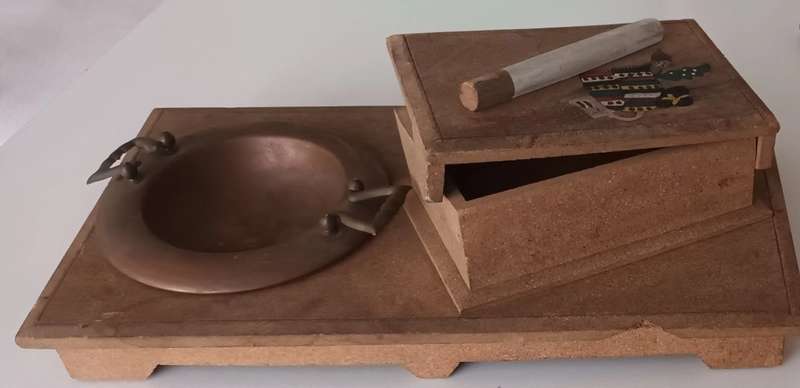 Wooden Cigarette Box with Copper Ashtray.