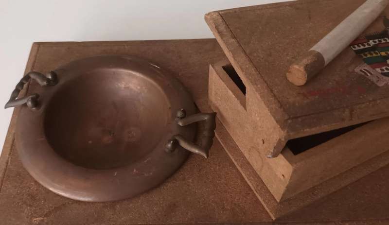 Wooden Cigarette Box with Copper Ashtray.