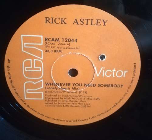 RICK ASHTLEY - WHENEVER YOU NEED SOMEBODY LP VINYL RECORD