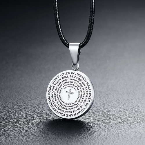 The Lord`s prayer engraved round pendant and wax rope necklace