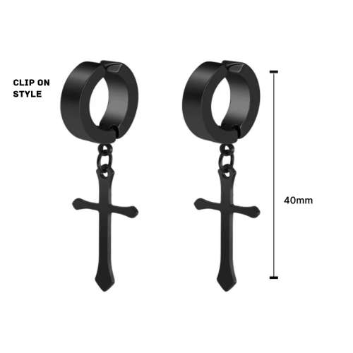 Stainless steel black plated CLIP ON huggie hoops and cross earrings