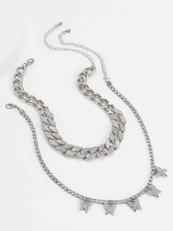 Iced Link Chain & Rhinestone Butterfly charm Necklace Set