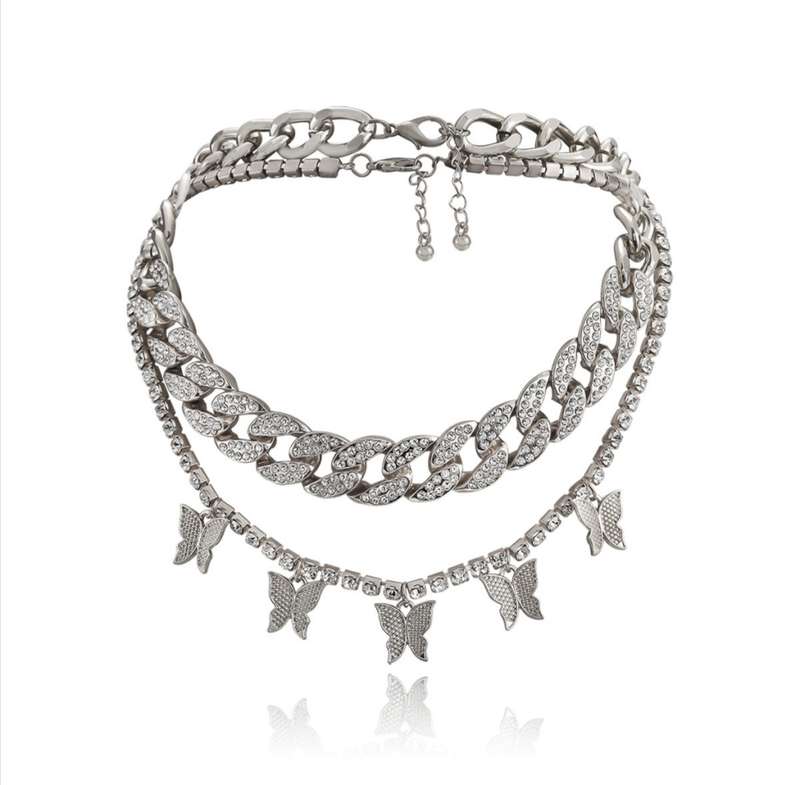 Iced Link Chain & Rhinestone Butterfly charm Necklace Set