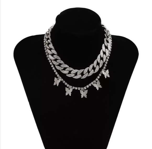 Iced Link Chain & Rhinestone Butterfly charm Necklace Set