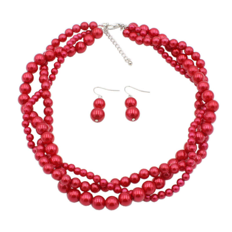Braided Red Pearl Necklaces Set