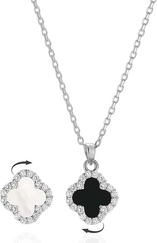 Four Leaf Clover Inlaid Zirconia Double Sided Black/White